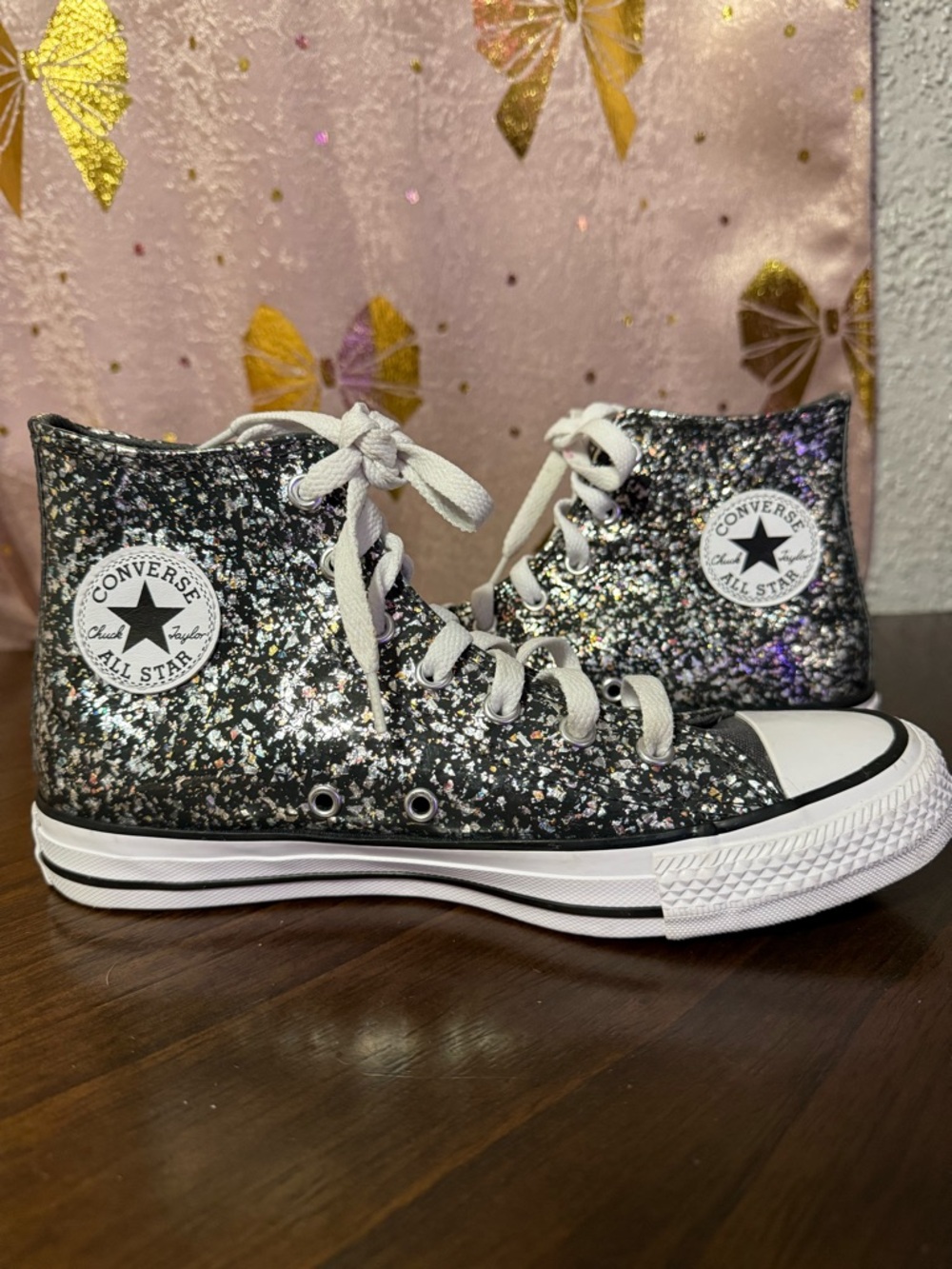 Converse big Kids' Glitter High-Top Sneakers - Black with Silver Sparkle size 5